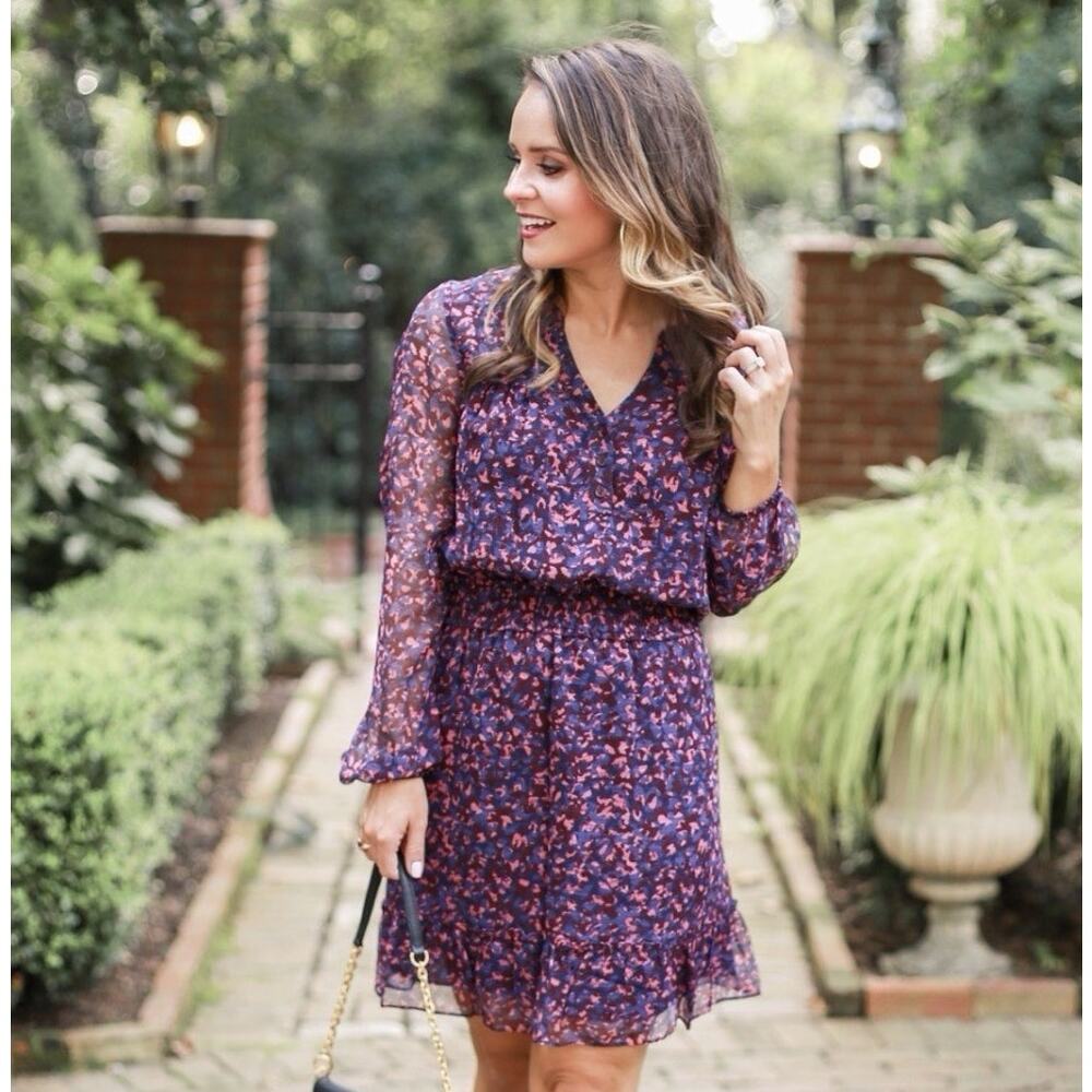 Parker Atticus Dress S Purple 100% Silk Floral Print Mini Ruffle Long Sleeve GUC